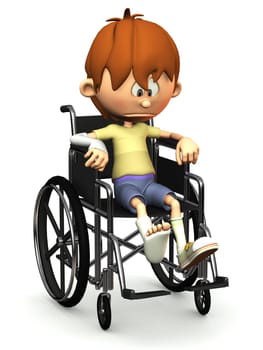 A cartoon boy with a broken leg and arm sitting in a wheelchair. He is looking very sad. White background.