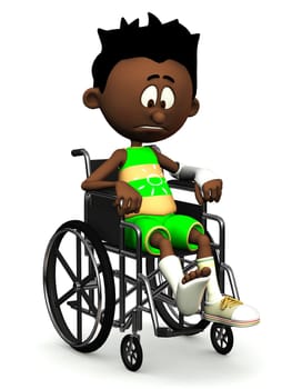 A black cartoon boy with a broken leg and arm sitting in a wheelchair. He is looking very sad. White background.
