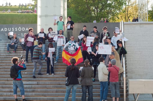 Tallinn, Estonia - 21 May, 2011: Shot of group spanish people protesting Spain&#039 s pre-election protest ban