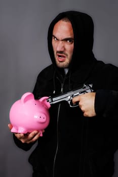 bad boy with pink piggy bang and gun