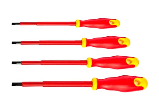 Red screwdrivers closeup on white background