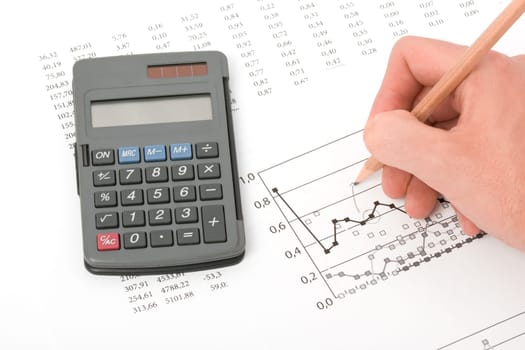Concept of business report analysis - hand with pencil, graph, sheet and calculator