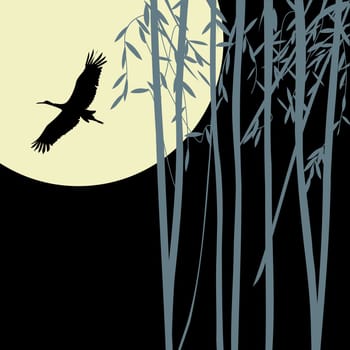 Bamboo background  with flying stork silhouette