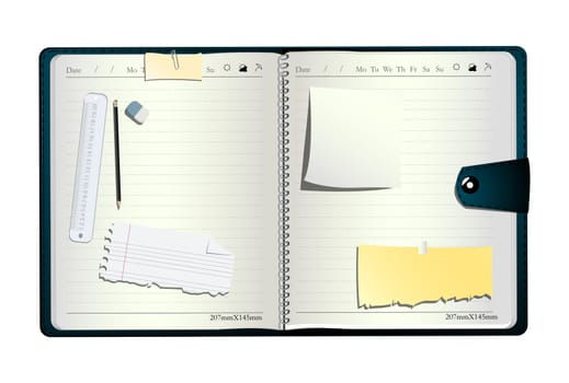 Open organizer, with pen, eraser measuring line and sticky notes