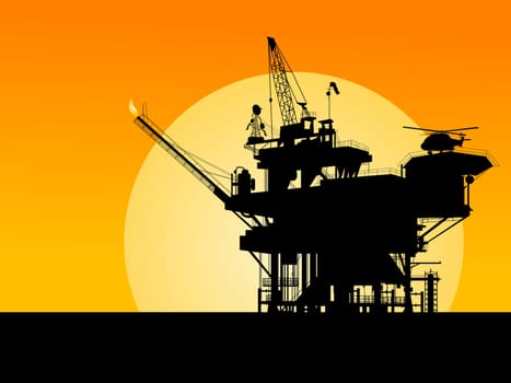Silhouette of an oil platform in the sunset