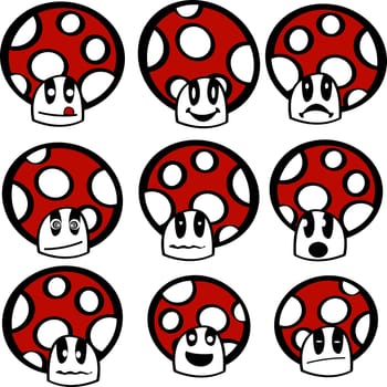 Mushroom emoticons, isolated objects over white background