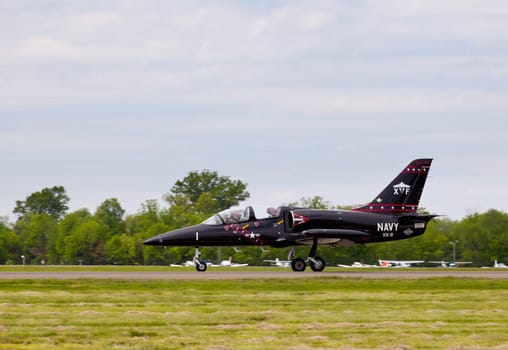 Jet airforce Albatros L-39 fighter training aircraft taking off on runway