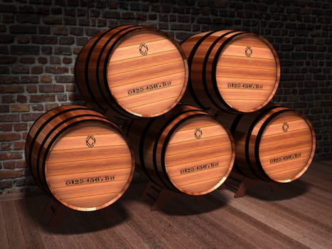 Illustration of wooden barrels in an old cellar