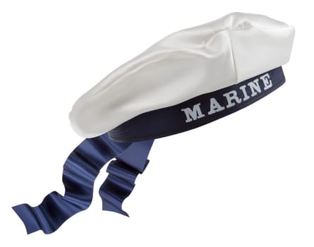 White Nautical hat with blue ribbon on white background