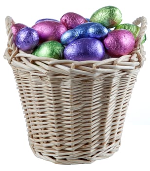 Basket filled with chocolate eggs isolated over white