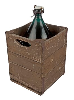 A wooden case of antique bottle with white background