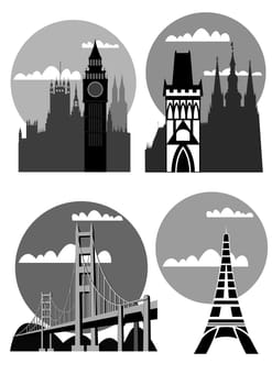 Set of illustrations of the famous cities - London, Paris, San Francisco, Prague