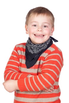 Adorable child with blond hair isolated on white background