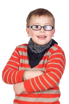 Adorable child with blond hair isolated on white background