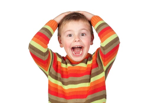 Surprised child with blond hair isolated on white background