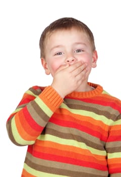 Mute child with blond hair isolated on white background
