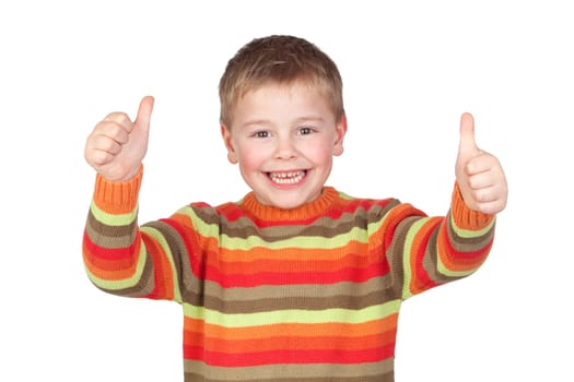 Adorable child with thumbs up isolated on white background