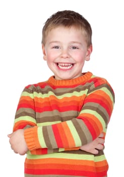 Adorable child with blond hair isolated on white background