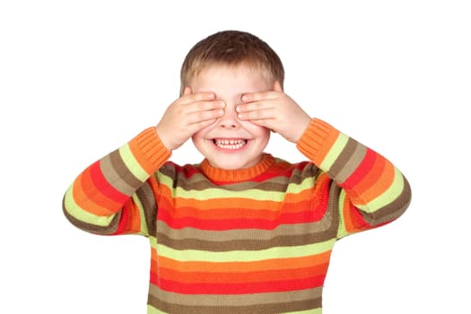 Funny child covering his eyes isolated on a white background
