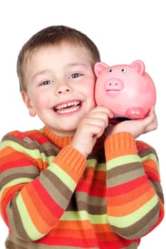 Adorable child with his piggy-bank isolated on white background