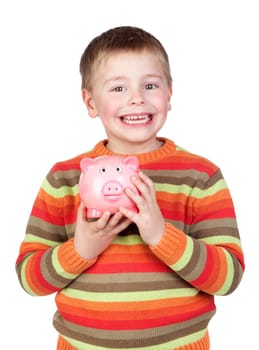 Adorable child with his piggy-bank isolated on white background