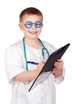 Funny child with doctor uniform isolated on white