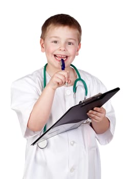 Pensive child with doctor uniform isolated on white