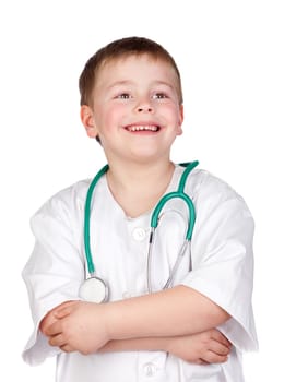 Adorable child with doctor uniform isolated on white