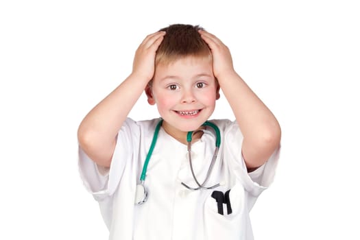 Surprised child with doctor uniform isolated on white