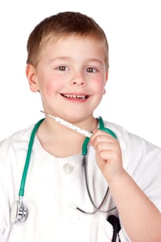 Adorable child with doctor uniform isolated on white