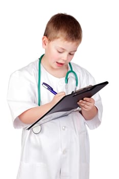 Funny child with doctor uniform isolated on white