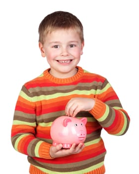Adorable child with his piggy-bank isolated on white background
