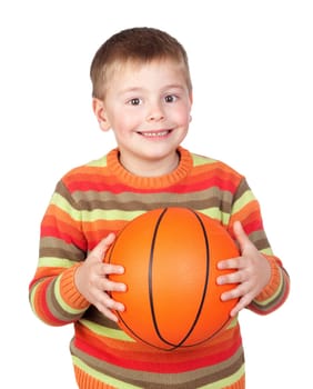 Funny child with a basketball isolated on white background