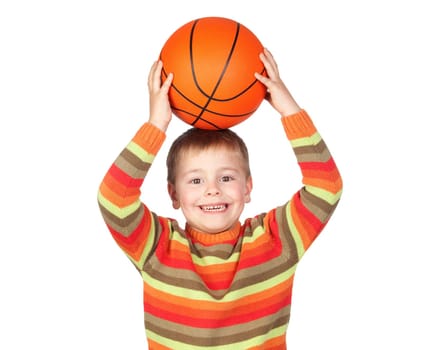 Funny child with a basketball isolated on white background