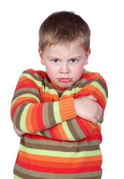 Angry child with crossed arm isolated on white background
