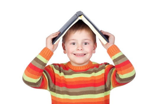 Student child with a books on the head isolated on white background
