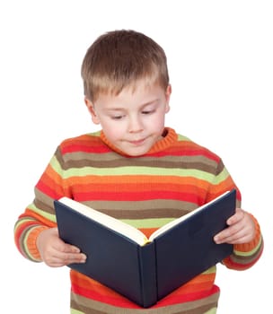 Student child with a book isolated on white background