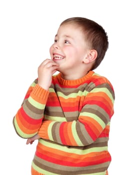 Pensive child with blond hair isolated on white background