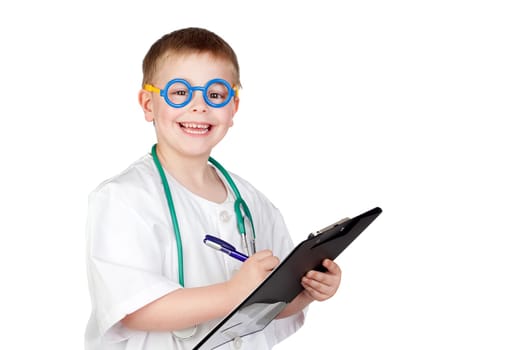Funny child with doctor uniform isolated on white