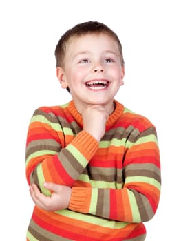 Pensive child with blond hair isolated on white background