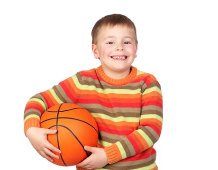 Funny child with a basketball isolated on white background
