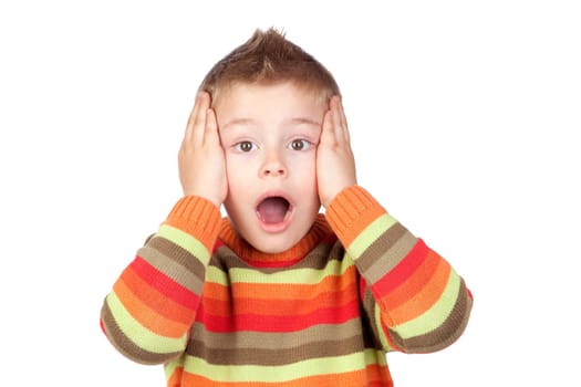 Surprised child with blond hair isolated on white background