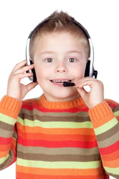 Adorable child with headphones isolated over white
