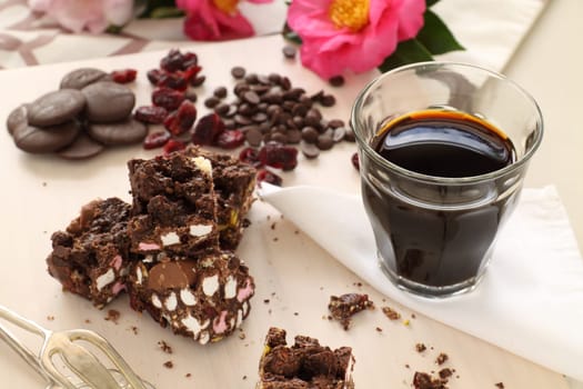Sweet rocky road chocolate and marshmallow with a long black espresso.