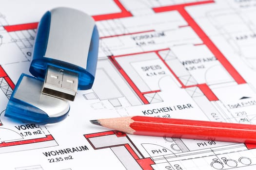 USB disk on a design and plan for a house