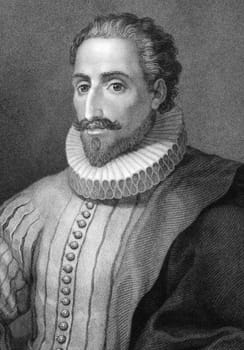 Miguel de Cervantes Saavedra (1547-1616) on engraving from 1800s. Spanish novelist, poet, and playwright. His magnum opus Don Quixote, is regarded amongst the best works of fiction ever written. Engraved by E.Mackenzie and published in London by Charles K