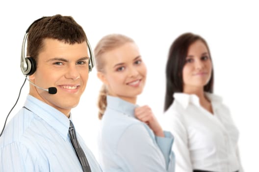 Charming customer service representative with headset on isolated on white background