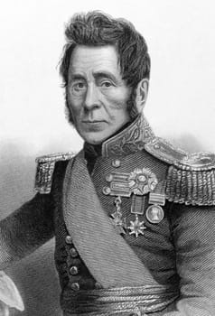 Field Marshal Sir John Fox Burgoyne, 1st Baronet (1782-1871) on engraving from 1800s. British Army officer. Published in London by Virtue &amp  Co.