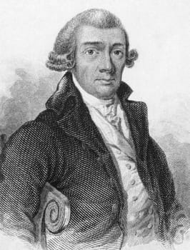 Dru Drury (1725-1804) on engraving from 1800s. British entomologist, one of the foremost of his time. Engraved by Lizars for the Naturalists Library.
