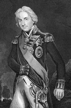 Horatio Nelson, 1st Viscount Nelson (1758-1805) on engraving from 1800s. English flag officer famous for his service in the Royal Navy, particularly during the Napoleonic Wars. Engraved by W.Finden after a picture by Hoppner and published by the London Pr